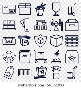 Cardboard icons set. set of 25 cardboard outline icons such as parcel, tag, cart cargo, chinese fast food, cargo box, handle with care, no standing nearby, sale tag