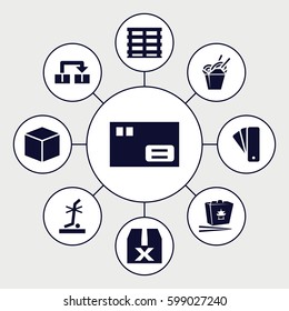 cardboard icons set. Set of 9 cardboard filled icons such as tag, chinese fast food, cargo box, no standing nearby, object move, question box, parcel