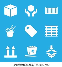 Cardboard icons set. set of 9 cardboard filled icons such as chinese fast food, cargo box, cargo arrow up, handle with care, box