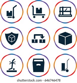 Cardboard icons set. set of 9 cardboard filled icons such as parcel, cart cargo, no standing nearby, cargo on cart, cargo insurance, box
