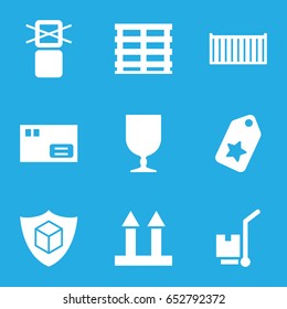 Cardboard icons set. set of 9 cardboard filled icons such as cargo box, cargo arrow up, parcel