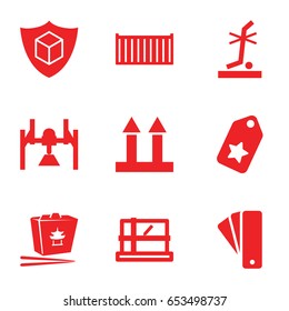 Cardboard icons set. set of 9 cardboard filled icons such as parcel, tag, chinese fast food, cargo box, cargo arrow up, no standing nearby, cargo insurance