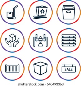 Cardboard icons set. set of 9 cardboard outline icons such as chinese fast food, cargo box, handle with care, cargo on cart, box