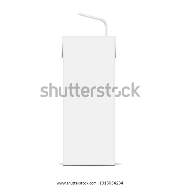 Cardboard juice box with straw mockup\
isolated on white background. Vector\
illustration