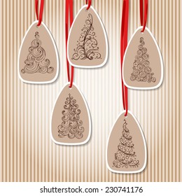 cardboard label with doodle new year Christmas tree