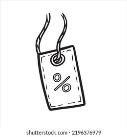 Cardboard label with rope with percentage sign. Empty template for cardboard tag for Sale and retail. Hand-drawn store discount. Cartoon outline illustration