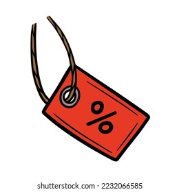 Cardboard label with rope with percentage sign. Empty template for cardboard tag for Sale and retail. Hand-drawn store discount. Cartoon outline illustration