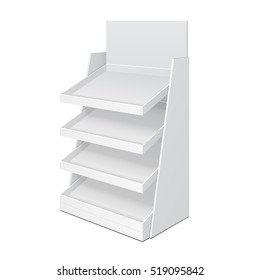 Cardboard Ladder Floor Display Rack For Supermarket Blank Empty With Shelves Mock Up. Illustration Isolated On White Background. Ready For Your Design. Product Advertising. Vector