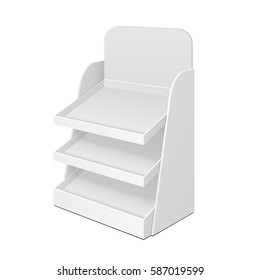 Cardboard Ladder Floor Display Rack For Supermarket Blank Empty With Shelves Mock Up. Illustration Isolated On White Background. Ready For Your Design. Product Advertising. Vector EPS10