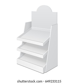 Cardboard Ladder Floor Display Rack For Supermarket Blank Empty With Shelves Mock Up. Illustration Isolated On White Background. Ready For Your Design. Product Advertising. Vector EPS10