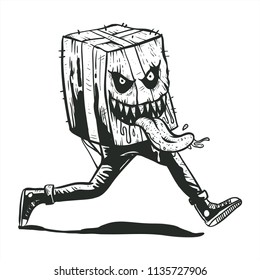 cardboard living monster run hunting for food with tongue sticking out and saliva dripping illustration black and white