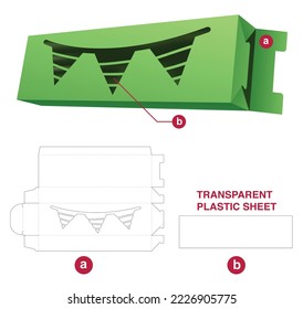 Cardboard long packaging box with bunting window and transparent plastic sheet die cut template
