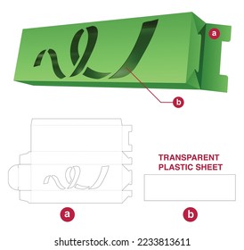 Cardboard long packaging box with confetti window and transparent plastic sheet die cut template