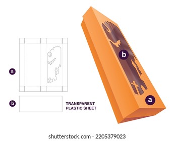 Cardboard long packaging with Halloween window and transparent plastic sheet die cut template and 3D mockup