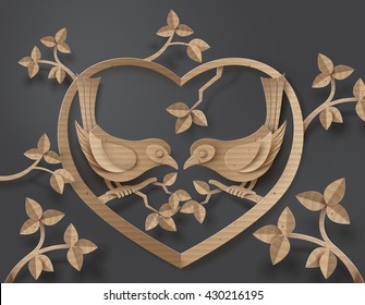 cardboard with love Birds perched on a branch of a tree forming a heart shape.paper art style.