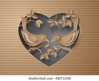 cardboard with love Birds perched on a branch of a tree forming a heart shape.paper art style.