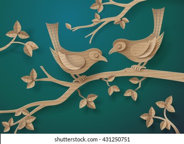 cardboard with love Birds perched on a branch of a tree.paper art style.