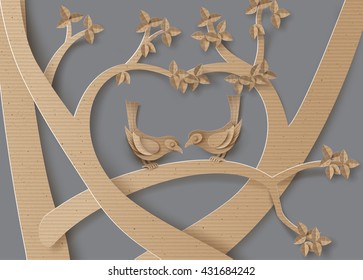 cardboard with love Birds perched on a branch of a tree forming a heart shape.paper art style