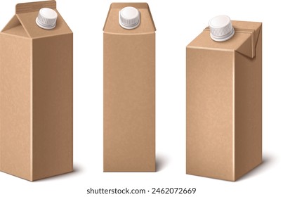 Cardboard milk pack. 3d drink juice carton bottle vector. Paper beverage container mockup. Package to carry liquid product realistic isolated graphic. Eco dairy packet presentation angle view