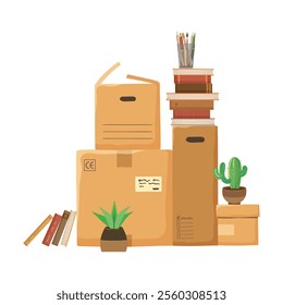 Cardboard moving boxes with books and house plants