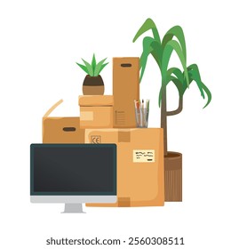 Cardboard moving boxes with the computer and house plants