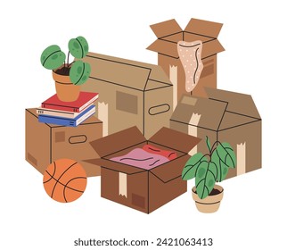 Cardboard moving boxes. Stacked cargo boxes with clothes, books and potted plants flat vector illustration. House moving stuff packages on white