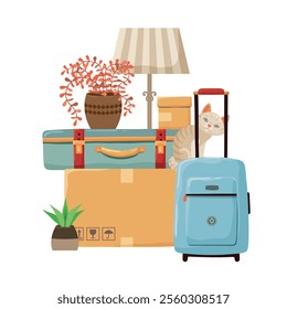 Cardboard moving boxes with suitcases, cat and house plants