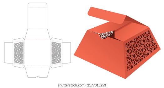 Cardboard obelisk box with stenciled Arabic pattern die cut template and 3D mockup