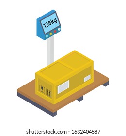 
Cardboard on balance scale, delivery weighing machine icon.
