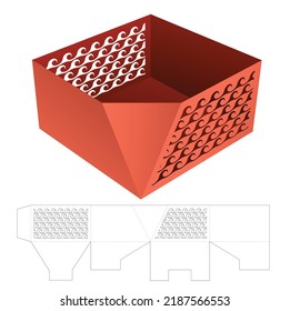 Cardboard one chamfered tray container with stenciled Japanese pattern die cut template and 3D mockup