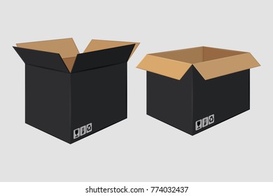 Cardboard Open Black Box. Side View. Package Design. Isolated on Gray