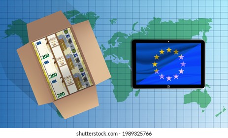 Cardboard open box with bundles of EU paper money. Banknotes of 200 euros. Mobile tablet with flag on the background of the world map. Economic poster top view