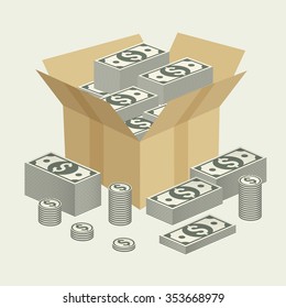 Cardboard open box with money, saving concept, vector illustration 