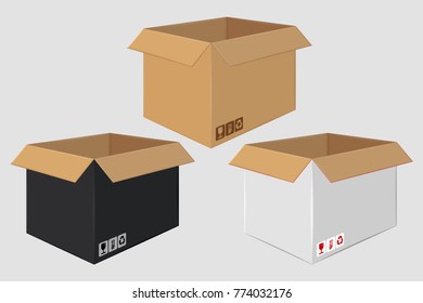 Cardboard Open Box. Side View. Package Design. Isolated on Gray