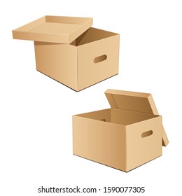 Cardboard open boxes with holes for hands. For storage or other purpose. Vector illustration for your design