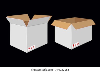 Cardboard Open White Box. Side View. Package Design. Isolated on Black