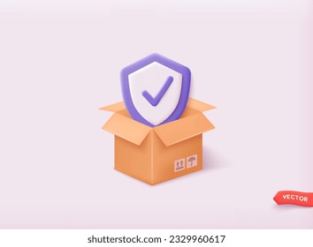 Caja de cartón abierta aislada en el fondo de la luz con marca de verificación en el icono del signo del escudo. Ilustraciones de vectores Web 3D.