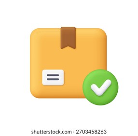 Caja de cartón con símbolo de marca de verificación verde. Entrega aprobada, envío confirmado, pedido exitoso y concepto de logística completado. Icono de Vector 3D. Estilo minimalista de dibujos animados.