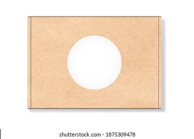 Cardboard package box with round blank label isolated on white background. Realistic craft brown carton delivery box mockup. Vector illustration top view of packaging container for cosmetic or food