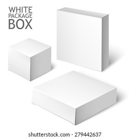 Caja de cartón. Conjunto De Paquetes Blancos Para Software, DVD, Dispositivo Electrónico Y Otros Productos. Plantilla De Montaje Preparada Para Su Diseño.  Ilustración Vector Aislada En Fondo Blanco.