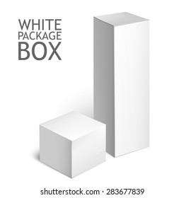 Cardboard Package Box. Set Of White Package Square For Software, DVD, Electronic Device And Other Products.  Mock Up Template Ready For Your Design.  Vector Illustration  Isolated On White Background.