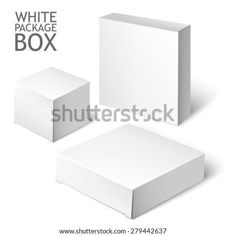 Cardboard Package Box. Set Of White Package Square For Software, DVD, Electronic Device And Other Products.  Mock Up Template Ready For Your Design.  Vector Illustration  Isolated On White Background.