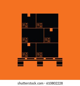 Cardboard package boxes on pallet icon. Orange background with black. Vector illustration.