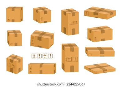 Cardboard package. Carton container for delivery cargo. Vector cartoon cardboard box isometric icon set