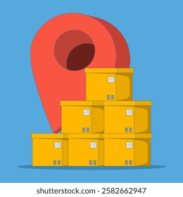 Cardboard package concept with location pins, representing shipping, delivery service or logistics tracking. Accurate delivery, e-commerce graphics. Flat vector illustration on background.