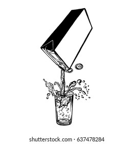 cardboard package for drinks, Beverage flow, glass with drops and jets, cartoon, hand drawn, vector, sketch, illustration