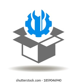 Cardboard package gear wrench icon vector. Project management innovative product repair logo. Customization, configuration symbol.