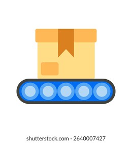 Cardboard package moving on conveyor belt in warehouse icon illustration