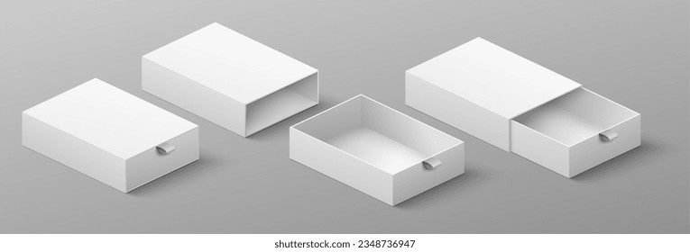 Cardboard package with ribbon to pull and slide realistic mockup isolated set. Opened and closed drawer box vector illustration