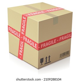 Cardboard package surrounded by a fragile red band on a white background